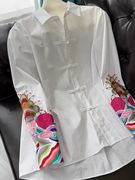 新中式刺绣衬衫女2024春季唐装长袖，白色衬衣复古盘扣宽松上衣