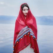 丝巾西藏沙漠度假防晒披肩民族，风棉麻围巾纯色超大青海红色纱巾