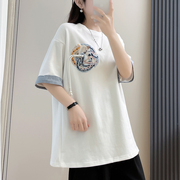 新中式民族风刺绣中长款短袖，t恤女春夏季国风小衫白色打底衫上衣