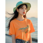 橘色圆领印花短袖T恤女2024夏季欧货时尚漂亮正肩上