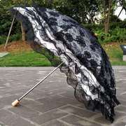 高档黑胶刺绣花亮片蕾丝二折防紫外线遮阳太阳伞公主晴雨伞洋伞粉
