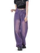 美式复古做旧牛仔裤设计感小众宽松水洗紫色长裤女高街潮牌阔腿裤