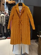 轻薄款姜黄色翻领绸带修身设计长款羽绒服外套大衣女款冬季