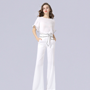 欧美气质衬衣裤套装白色女短袖，荷叶袖雪纺阔腿裤夏季欧美时尚套装