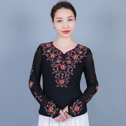 新疆舞蹈广场舞服装上衣长袖女牛奶丝民族维族舞台演出服表演修身