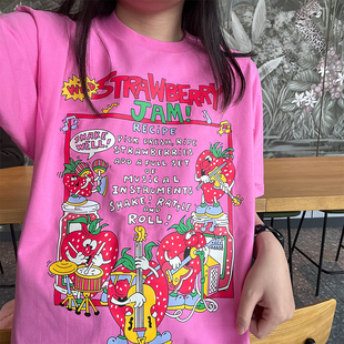 马克先生和天使娜娜草莓音乐节，印花玫红色220g棉日系少女t恤短袖