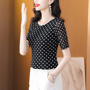 韩国黑色短袖波点T恤女夏2024气质时尚宽松优雅休闲显瘦上衣
