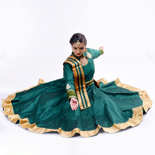 印度纯正民族风舞蹈服表演服安娜大摆定制卡塔克墨绿色连衣裙
