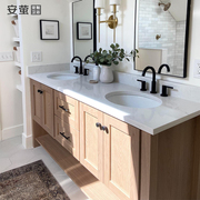 美式复古浴室柜组合日式原木色洗手脸双面盆卫生间定制落地洗漱台