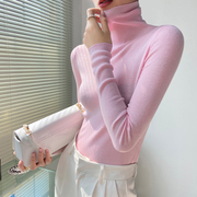 粉色羊毛针织衫女2024早春毛衣，长袖内搭高领，打底衫糖果色t恤