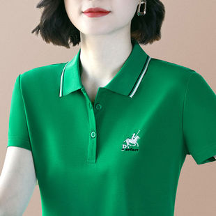 短袖t恤女夏季翻领中年妈妈有领上衣纯棉运动polo衫绿色冰丝夏装