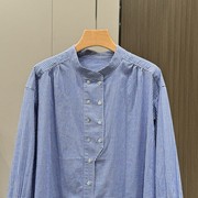 日系文艺风！清新蓝白格子 复古时髦双排扣 宽松七分袖格子衬衫女