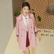 emoo杨门2023秋装粉色风，衣女中长款外套，双排扣大衣纯色长袖