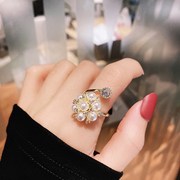 韩版简约网红花瓣珍珠戒指女个性小众设计日式轻奢食指戒开口指环