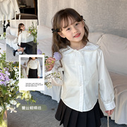 艾摩贝贝女童宝宝娃娃领衬衣，2024春儿童，气质甜美蝴蝶结蕾丝白衬衫