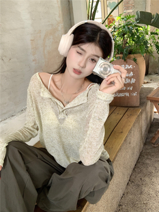 韩系慵懒风长袖薄款针织衫设计感辣妹休闲宽松显瘦灰色防晒上衣女