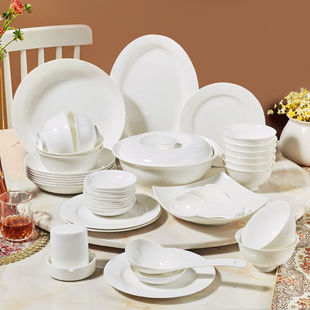 红牡丹纯白骨瓷餐具套装陶瓷碗具碗碟盘子整套家用碗筷套装乔迁瓷