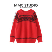 mmc2024新年红色提花，圆领针织衫女氛围，感本命年休闲毛衣宽松上衣
