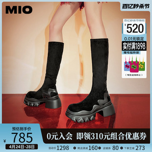 白鹿同款MIO米奥冬女靴长筒靴厚底靴加绒高筒靴绒面弹力骑士靴