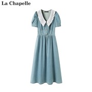 拉夏贝尔lachapelle时尚，牛仔连衣裙夏季甜美娃娃领复古裙子