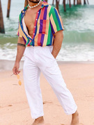2024夏季欧美男士休闲宽松彩虹条纹沙滩印花短袖衬衫Men's Shirts
