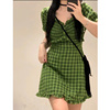 大码惊艳绝美绿色格子连衣裙女夏季胖妹妹显瘦遮肉法式高级感裙子