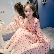 女童秋季连衣裙2023韩版荷叶，边波点裙小女孩，中大童长袖雪纺裙