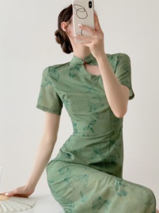 Srose 重庆森林  新中式改良设计款绿色印花旗袍裙国风复古连衣裙