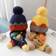 宝宝帽子围巾套装秋冬季婴幼儿童毛线帽男女童可爱超萌针织护耳帽