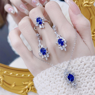 vintage精致彩宝蓝宝石套装饰品，戒指耳钉项链女气质，百搭高级感ins