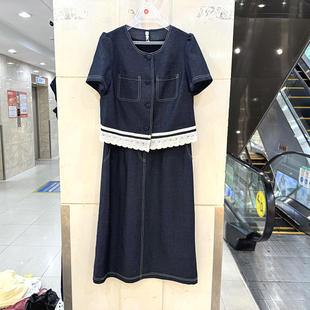 JY52BT055 蕾丝花边短袖开衫上衣+拼接背心裙洋气天丝牛仔两件套