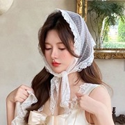 可爱少女法式蕾丝三角巾，清纯白色洋气复古装饰头巾，发带女绑包飘带
