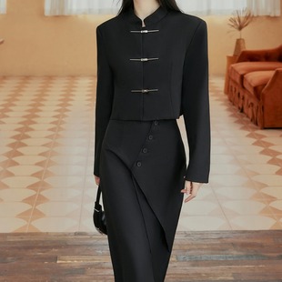 秋冬女装复古新中式国风高级感黑色，小西装两件套优雅气质礼服长裙