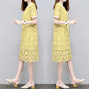 欧洲站2024夏季女装韩版蕾丝裙大码气质显瘦时尚黄色连衣裙潮