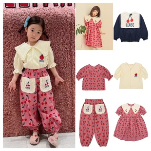 韩国童装ins风婴儿，宝宝男女童米白色，翻领衬衣樱桃防蚊裤