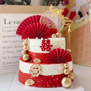 结婚蛋糕装饰古典中式新郎新娘订婚礼，红色囍烘焙蛋糕装饰摆件插件