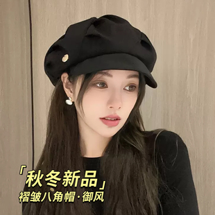 褶皱云朵帽2023贝雷帽女春秋大头围显脸小八角帽女士画家帽子