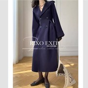 rixoexit法式设计感藏蓝色毛呢外套女冬季羊毛双面长款呢子大衣