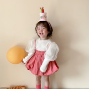 韩版春装女童蓬蓬吊带半身裙+泡泡袖打底上衣宝宝甜美背带裙套装