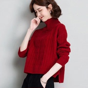 半高领羊毛衫女100纯羊毛，秋冬宽松针织，本命年红色毛衣打底衫上衣