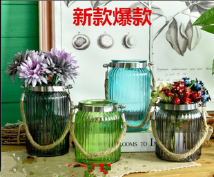 zakka简约地中海复古多色，透明麻绳提手玻璃水培花瓶家居装饰