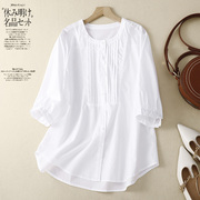 白色衬衫女2023夏复古(夏复古)文艺范七分(范，七分)袖大码宽松立领休闲小众衬衣