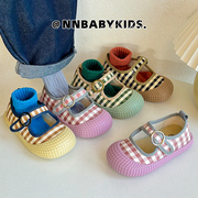 韩版儿童浅口帆布鞋春夏男女童格子布鞋软底幼儿园宝宝室内鞋