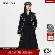 badina芭蒂娜黑色风衣，外套秋冬气质收腰长款赫本风大衣女