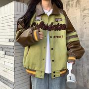 美式vintage棒球服外套，女2024春秋季复古拼接pu皮袖夹克上衣