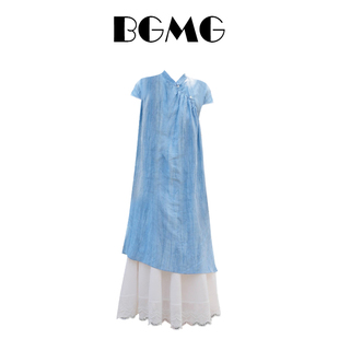 新中式国风蓝色连衣裙女2024夏季白色高腰蕾丝蛋糕裙子两件套