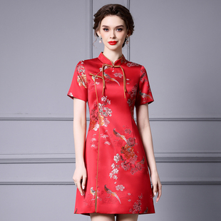 枝荔新中式红色旗袍裙，短款国风提花a字连衣裙，短袖2024年夏季