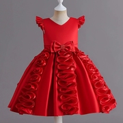 女大童高端红色礼服裙缎面生日，晚宴裙甜美公主裙演出服主持人花童