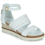 MJUS女鞋中跟一字式扣带后包跟气质真皮露趾凉鞋白色夏季2024