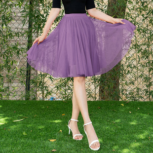 玫瑰紫色半身裙女短款黑色，高腰显瘦跳舞裙大摆裙广场舞短裙网纱裙